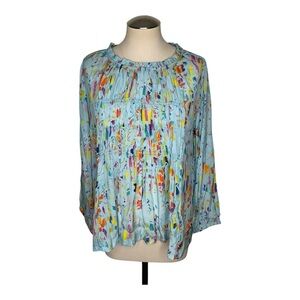 APNY Abstract Print Pleated Long Sleeve Blouse Blue Multicolor Size M